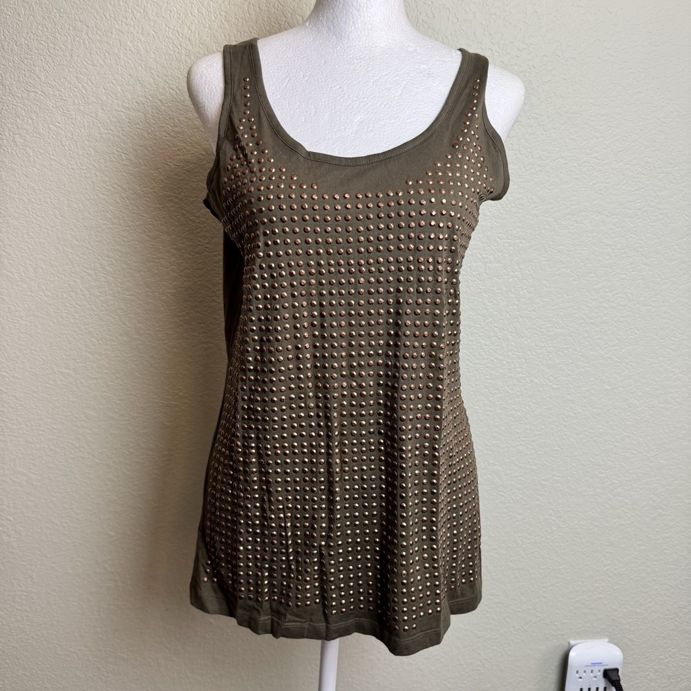 DG2 Diane Gilman‎ Women's Top Tank Olive Bronze Embellishment Stretch Size XS